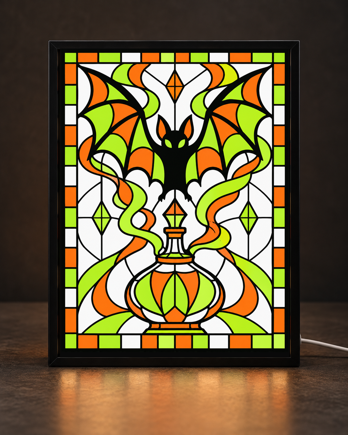 Illustrative framed preview of black bat with spread wings over glowing lime-green and orange potion vessel and stained glass frame