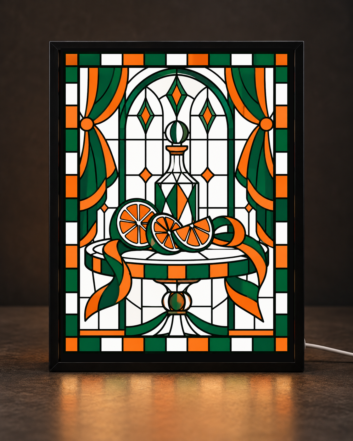 Winter Citrus Salon exact original artwork displayed in CNS Customs uniform black rectangular tabletop light-up frame with visible white cord; illustrative digital mockup