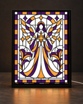 Illustrative digital preview of original purple and orange angel holding orange star with white wings and complete mosaic border in CNS Customs uniform black light-up frame