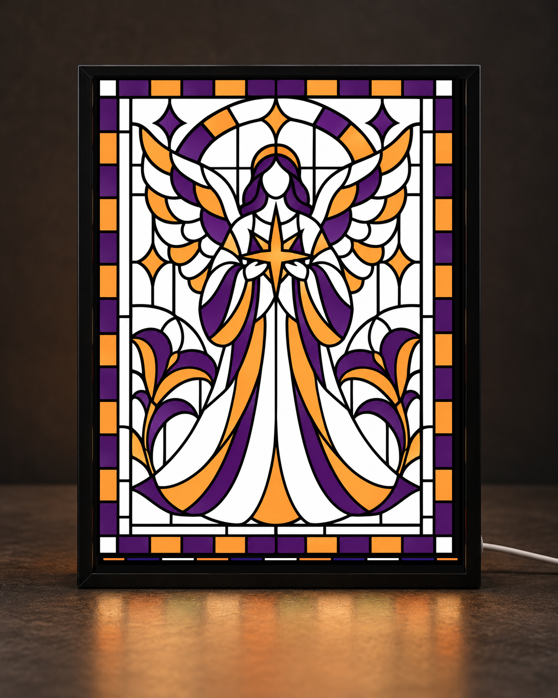 Illustrative digital preview of original purple and orange angel holding orange star with white wings and complete mosaic border in CNS Customs uniform black light-up frame