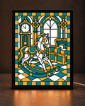 Illustrative preview of teal and amber clockwork toy workshop with white rocking horse in CNS Customs square-cornered black light-up frame