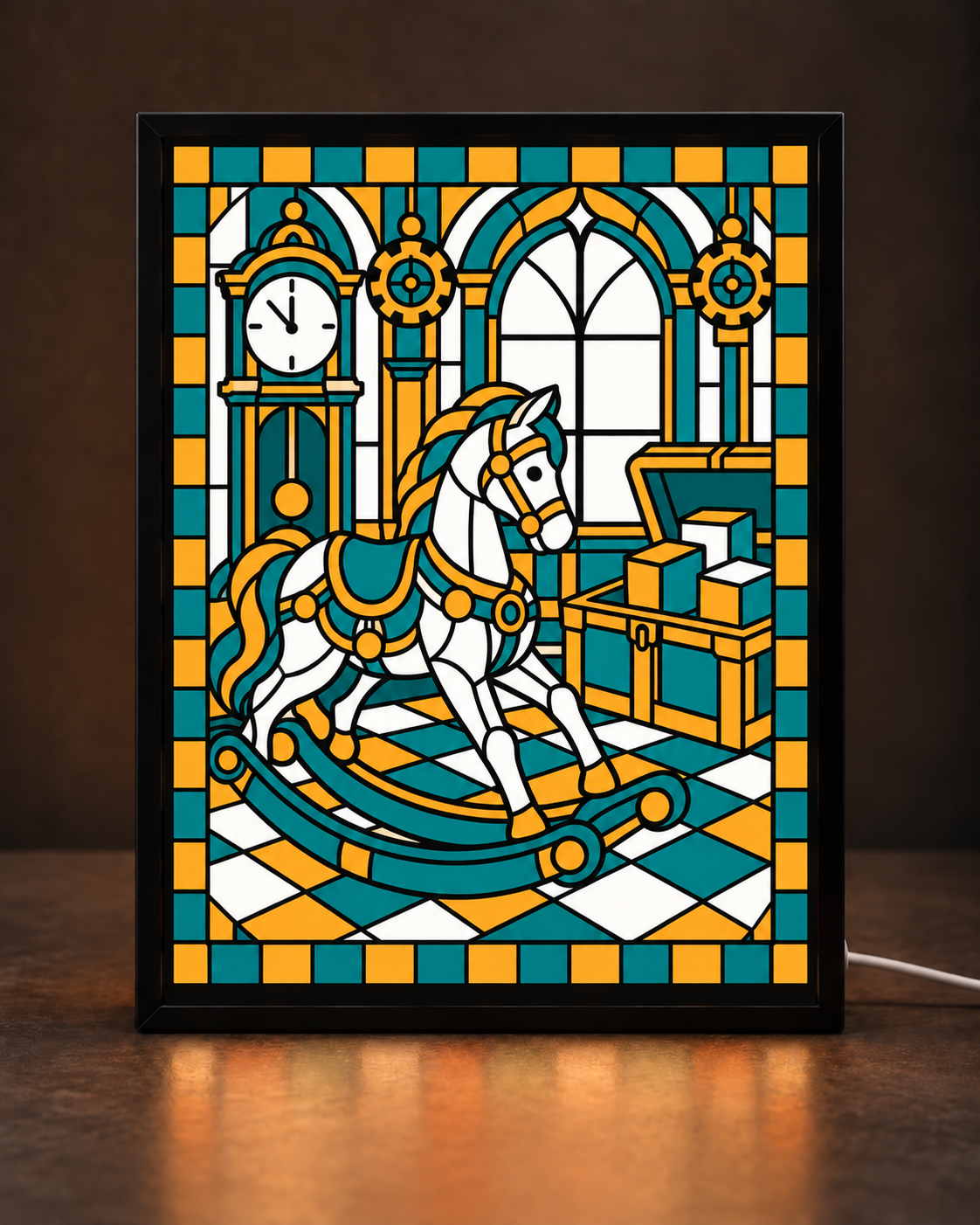 Illustrative preview of teal and amber clockwork toy workshop with white rocking horse in CNS Customs square-cornered black light-up frame