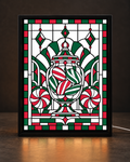 Illustrative preview of Christmas Confectionery Apothecary approved original mosaic artwork in the slim black CNS Customs tabletop light-up frame with white cord