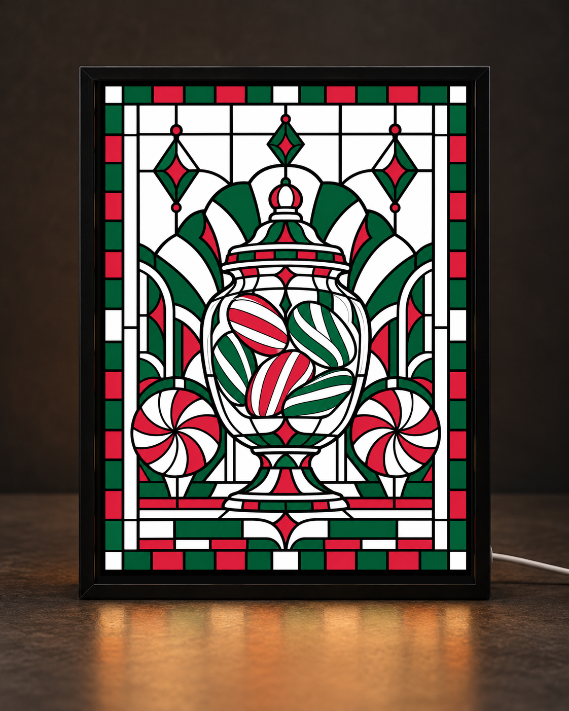 Illustrative preview of Christmas Confectionery Apothecary approved original mosaic artwork in the slim black CNS Customs tabletop light-up frame with white cord