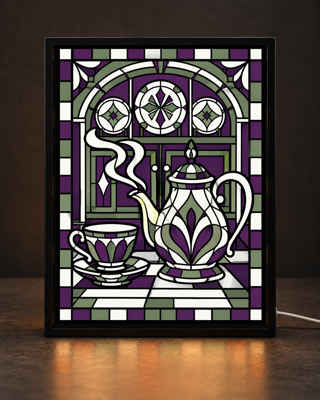 Illustrative preview of Tea Salon Still Life approved original mosaic artwork in the slim black CNS Customs tabletop light-up frame with white cord