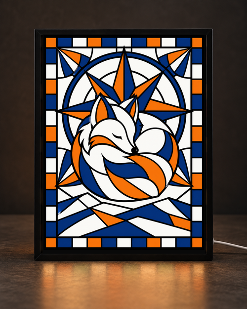 Illustrative preview of Arctic Fox Compass Rest approved original mosaic artwork in the slim black CNS Customs tabletop light-up frame with white cord