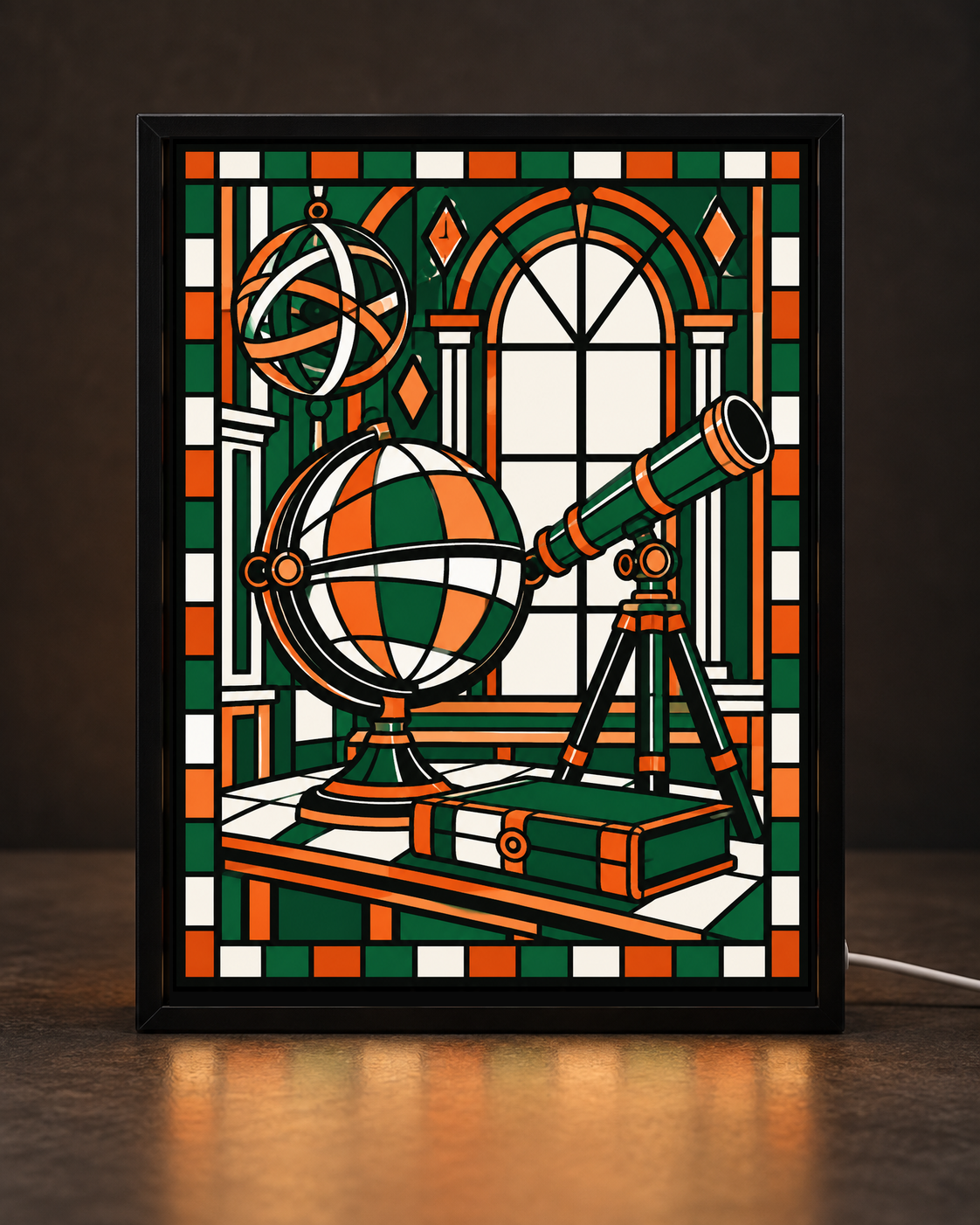 Illustrative preview of Observatory Study approved original mosaic artwork in the slim black CNS Customs tabletop light-up frame with white cord
