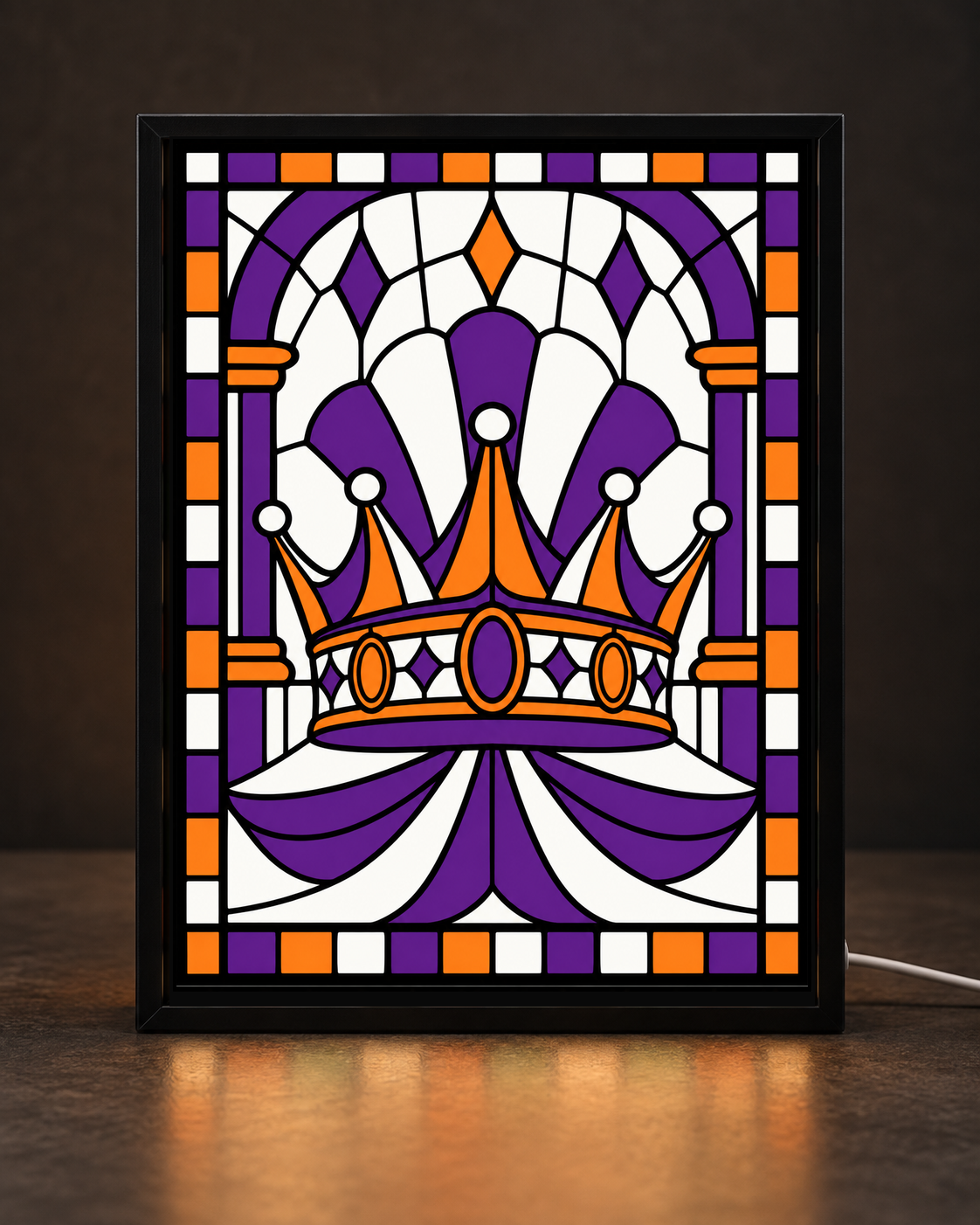 Illustrative preview of Royal Winter Crown approved original mosaic artwork in the slim black CNS Customs tabletop light-up frame with white cord