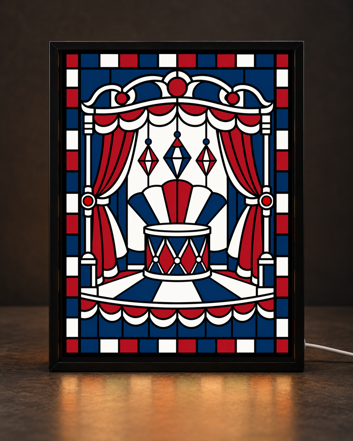 Illustrative preview of Holiday Theater Proscenium approved original mosaic artwork in the slim black CNS Customs tabletop light-up frame with white cord