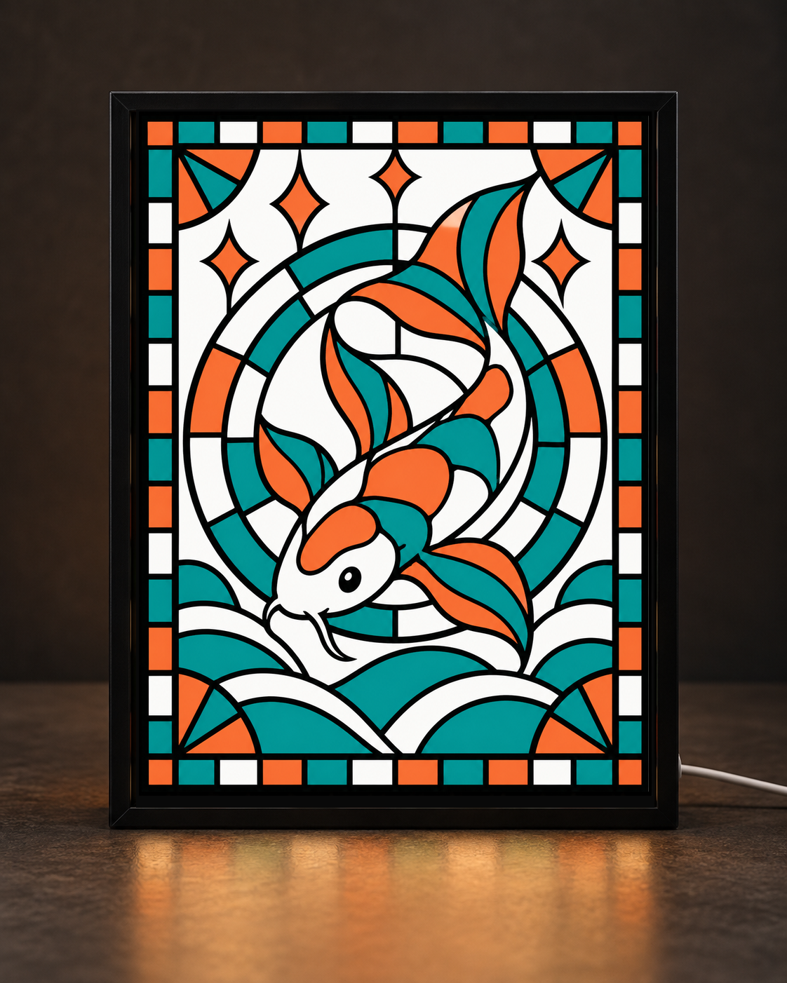 Illustrative preview of Koi Current Medallion approved original mosaic artwork in the slim black CNS Customs tabletop light-up frame with white cord