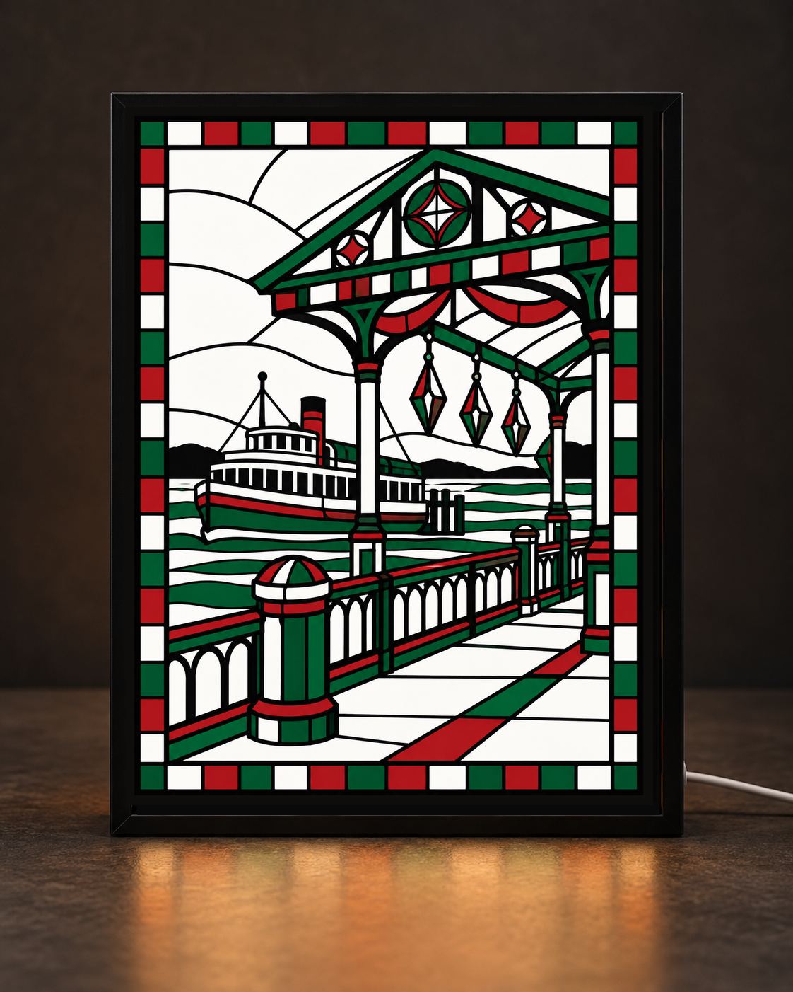 Exact approved Christmas Harbor Pavilion artwork in a uniform black rectangular tabletop frame: holiday waterfront pavilion, ferry, balustrade and hanging ornaments in red, forest green, white and black; illustrative digital preview