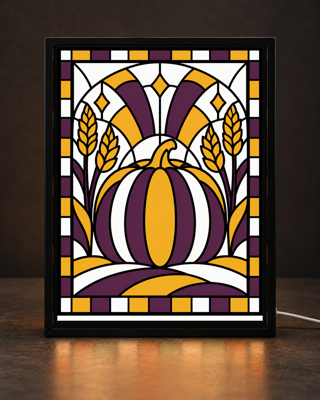 Harvest Pumpkin + Wheat exact original artwork displayed in CNS Customs uniform black rectangular tabletop light-up frame with visible white cord; illustrative digital mockup