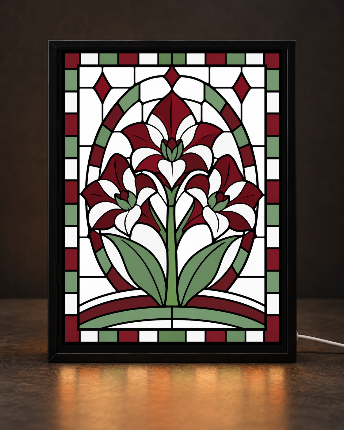 Winter Amaryllis Medallion exact original artwork displayed in CNS Customs uniform black rectangular tabletop light-up frame with visible white cord; illustrative digital mockup