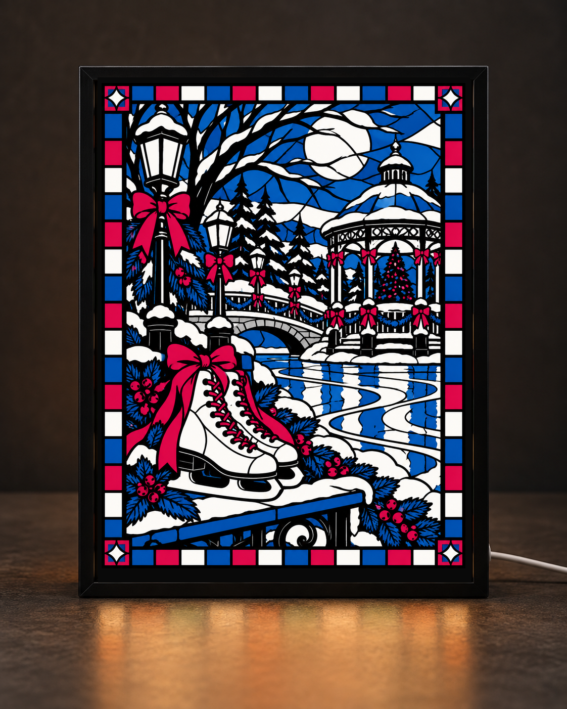 Winter Skating Park — Corrected v02 exact original artwork displayed in CNS Customs uniform black rectangular tabletop light-up frame with visible white cord; illustrative digital mockup