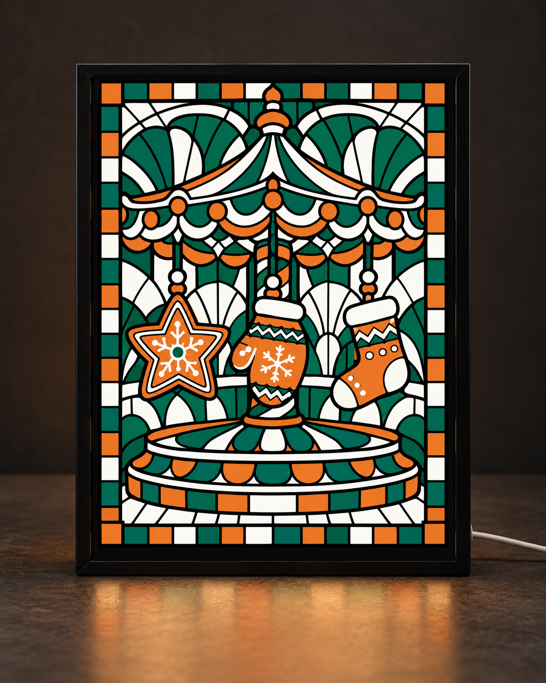 Christmas Ornament Carousel exact original artwork displayed in CNS Customs uniform black rectangular tabletop light-up frame with visible white cord; illustrative digital mockup