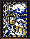Corrected winter lantern and bluebird original artwork on snowy balcony with a blue and gold bow, distant snowy mountain village and uniform square-cornered black frame; illustrative digital preview