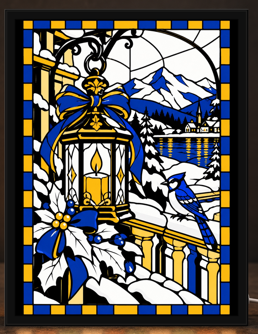 Corrected winter lantern and bluebird original artwork on snowy balcony with a blue and gold bow, distant snowy mountain village and uniform square-cornered black frame; illustrative digital preview