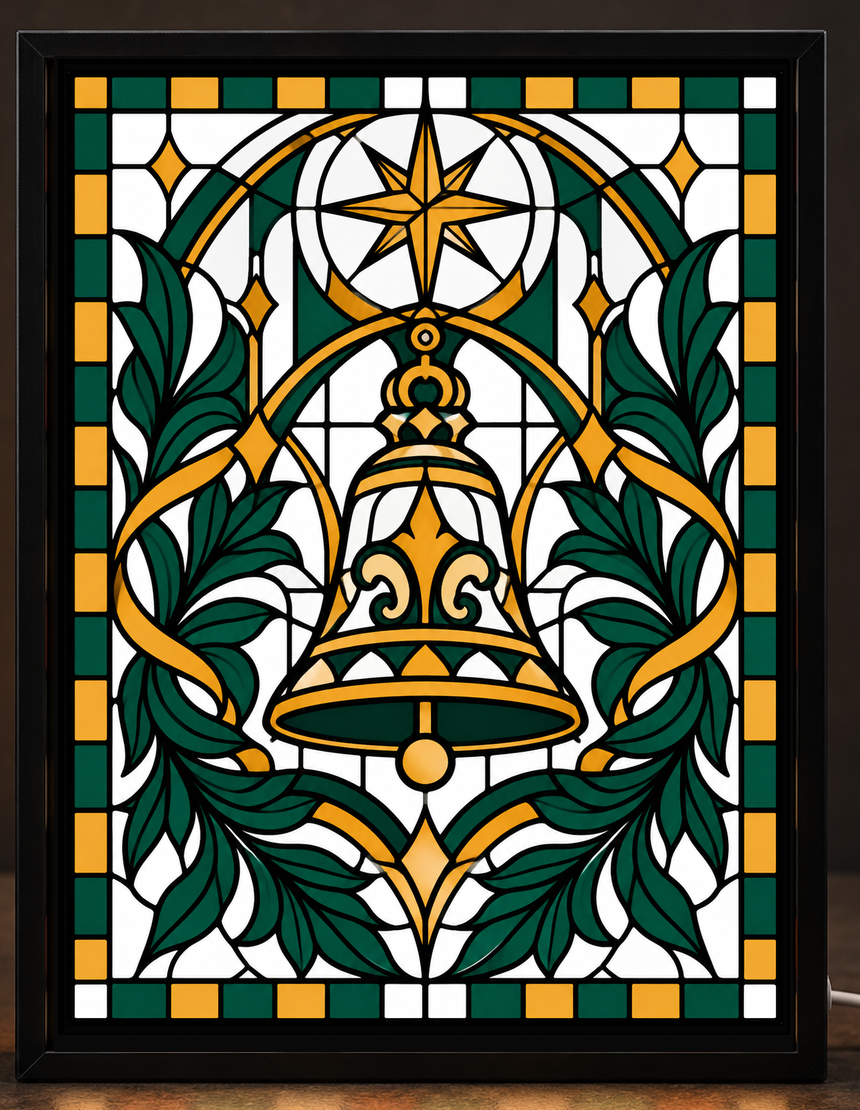 Illustrative digital mockup of exact owner-approved Christmas Bell & Star Garland original artwork in the square-cornered black CNS Customs light-up frame; physical product not photographed