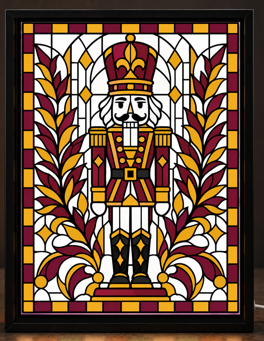 Illustrative digital mockup of exact owner-approved Christmas Nutcracker Botanical Guard original artwork in the square-cornered black CNS Customs light-up frame; physical product not photographed