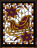 Illustrative digital mockup of exact owner-approved Christmas Plum & Gold Sleigh original artwork in the square-cornered black CNS Customs light-up frame; physical product not photographed