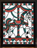 Illustrative digital mockup of exact owner-approved Winter Carousel Horse original artwork in the square-cornered black CNS Customs light-up frame; physical product not photographed