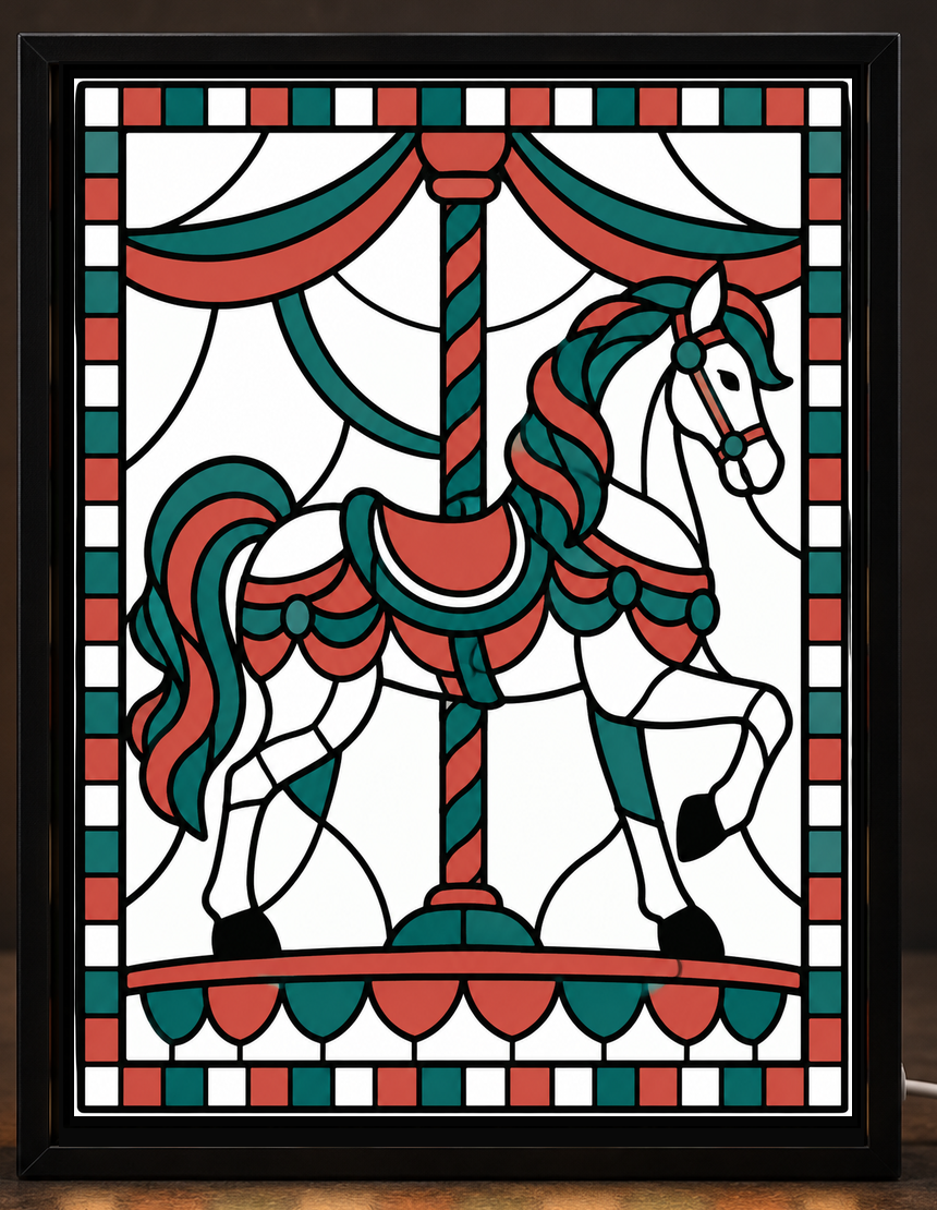 Illustrative digital mockup of exact owner-approved Winter Carousel Horse original artwork in the square-cornered black CNS Customs light-up frame; physical product not photographed