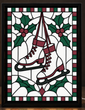 Illustrative digital mockup of exact owner-approved Christmas Skates & Holly Window original artwork in the square-cornered black CNS Customs light-up frame; physical product not photographed
