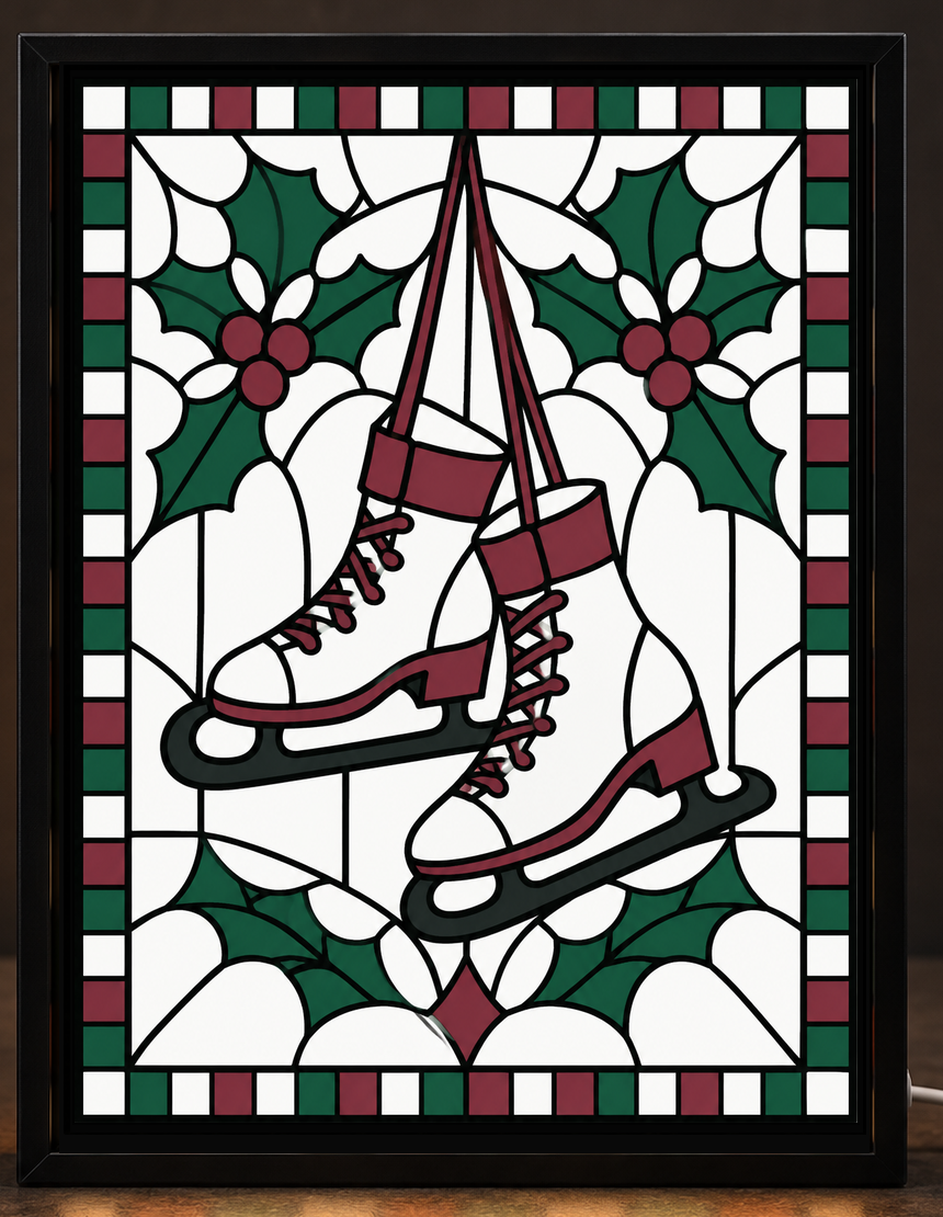 Illustrative digital mockup of exact owner-approved Christmas Skates & Holly Window original artwork in the square-cornered black CNS Customs light-up frame; physical product not photographed