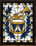 Illustrative digital mockup of exact owner-approved Christmas Marching Music original artwork in the square-cornered black CNS Customs light-up frame; physical product not photographed