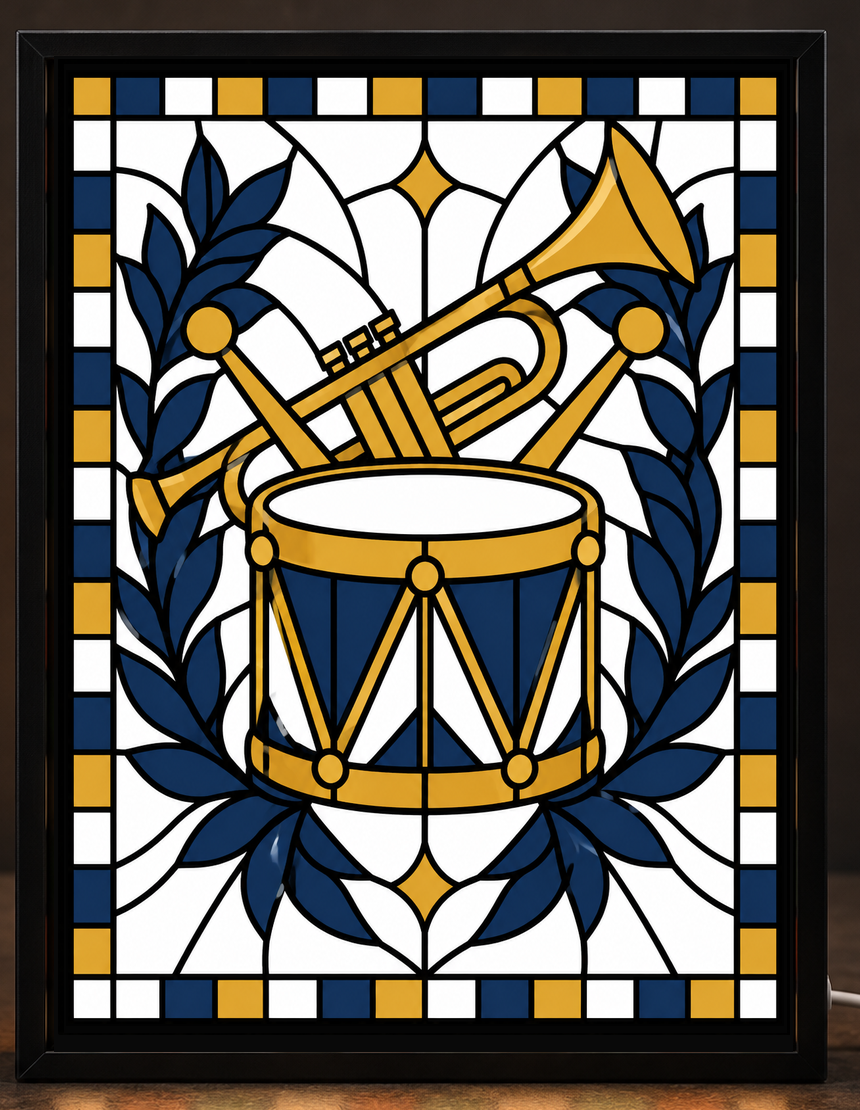 Illustrative digital mockup of exact owner-approved Christmas Marching Music original artwork in the square-cornered black CNS Customs light-up frame; physical product not photographed