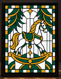 Illustrative digital mockup of exact owner-approved Christmas Rocking Horse Heirloom original artwork in the square-cornered black CNS Customs light-up frame; physical product not photographed