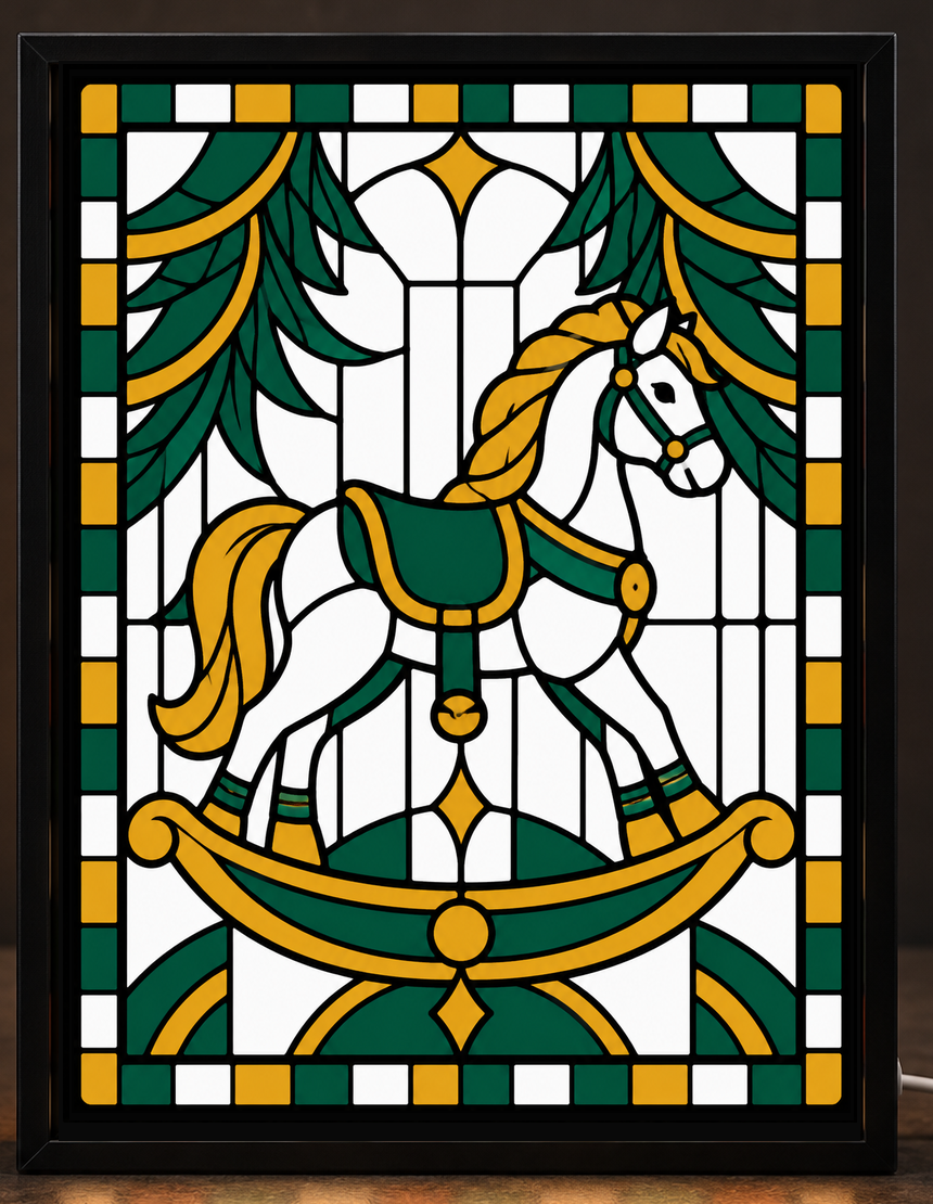 Illustrative digital mockup of exact owner-approved Christmas Rocking Horse Heirloom original artwork in the square-cornered black CNS Customs light-up frame; physical product not photographed