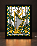 Approved Christmas Celestial Harp artwork with gold harp, candles, crescent moon and stars in a uniform black rectangular light-up frame; illustrative digital preview