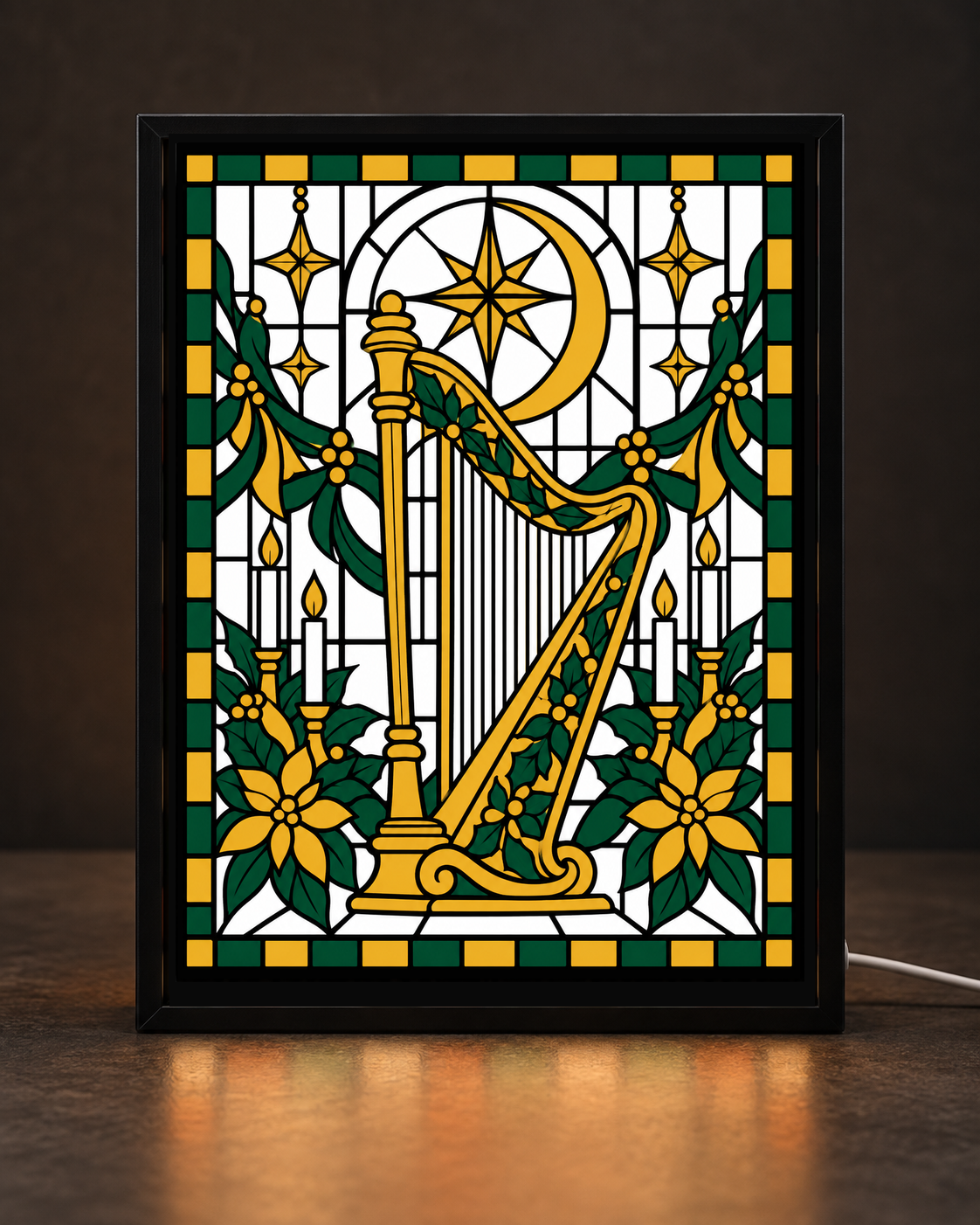 Approved Christmas Celestial Harp artwork with gold harp, candles, crescent moon and stars in a uniform black rectangular light-up frame; illustrative digital preview