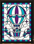 Christmas Gift Balloon original approved teal, purple, white and black mosaic hot-air balloon with wrapped gifts, displayed in CNS Customs square-cornered black light-up frame; illustrative mockup