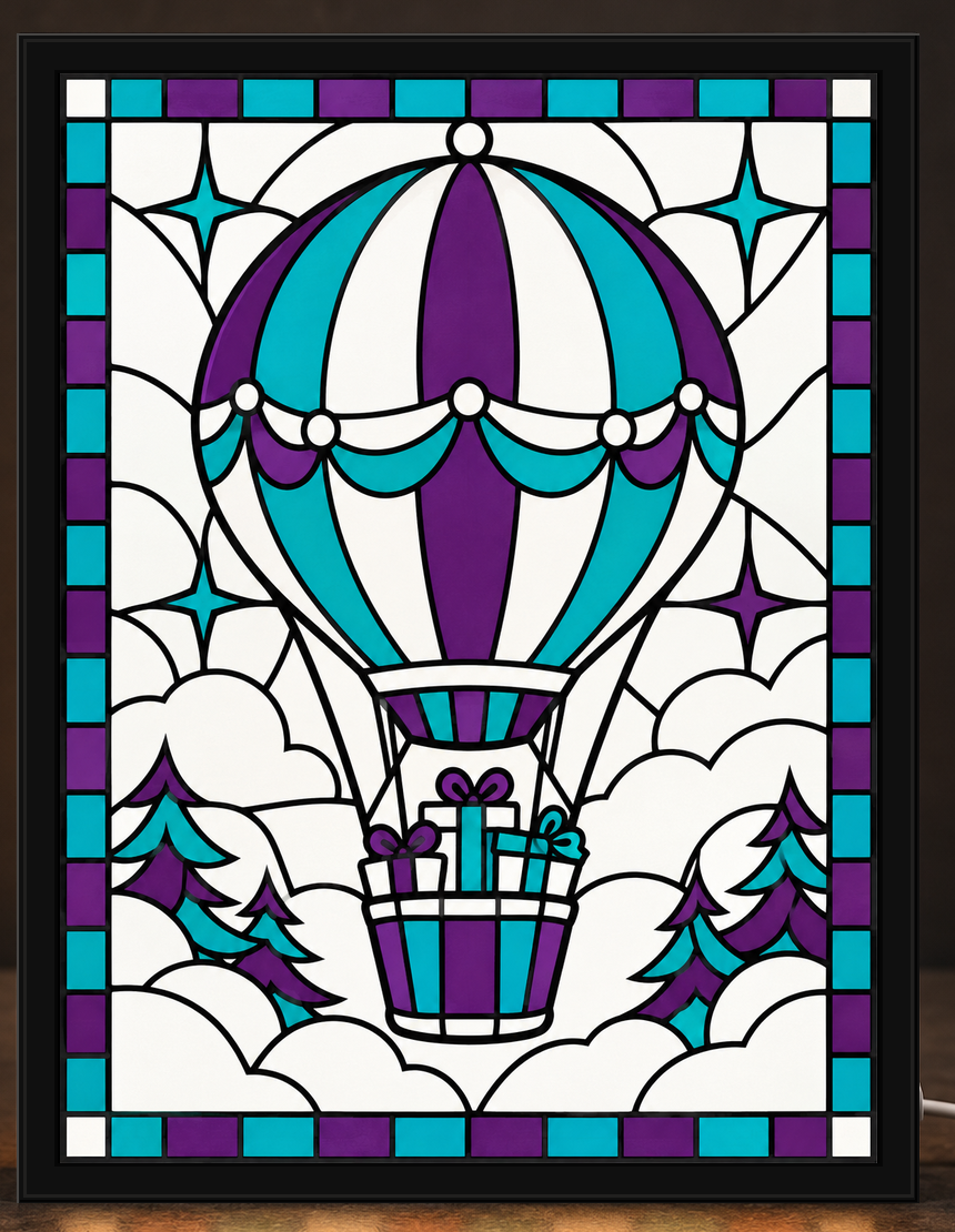 Christmas Gift Balloon original approved teal, purple, white and black mosaic hot-air balloon with wrapped gifts, displayed in CNS Customs square-cornered black light-up frame; illustrative mockup