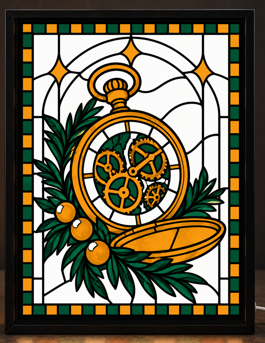 Illustrative digital mockup of exact owner-approved Christmas Keepsake Pocket Watch original artwork in the square-cornered black CNS Customs light-up frame; physical product not photographed