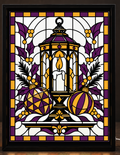 Illustrative digital mockup of exact owner-approved Christmas Candlelight Ornament Alcove original artwork in the square-cornered black CNS Customs light-up frame; physical product not photographed
