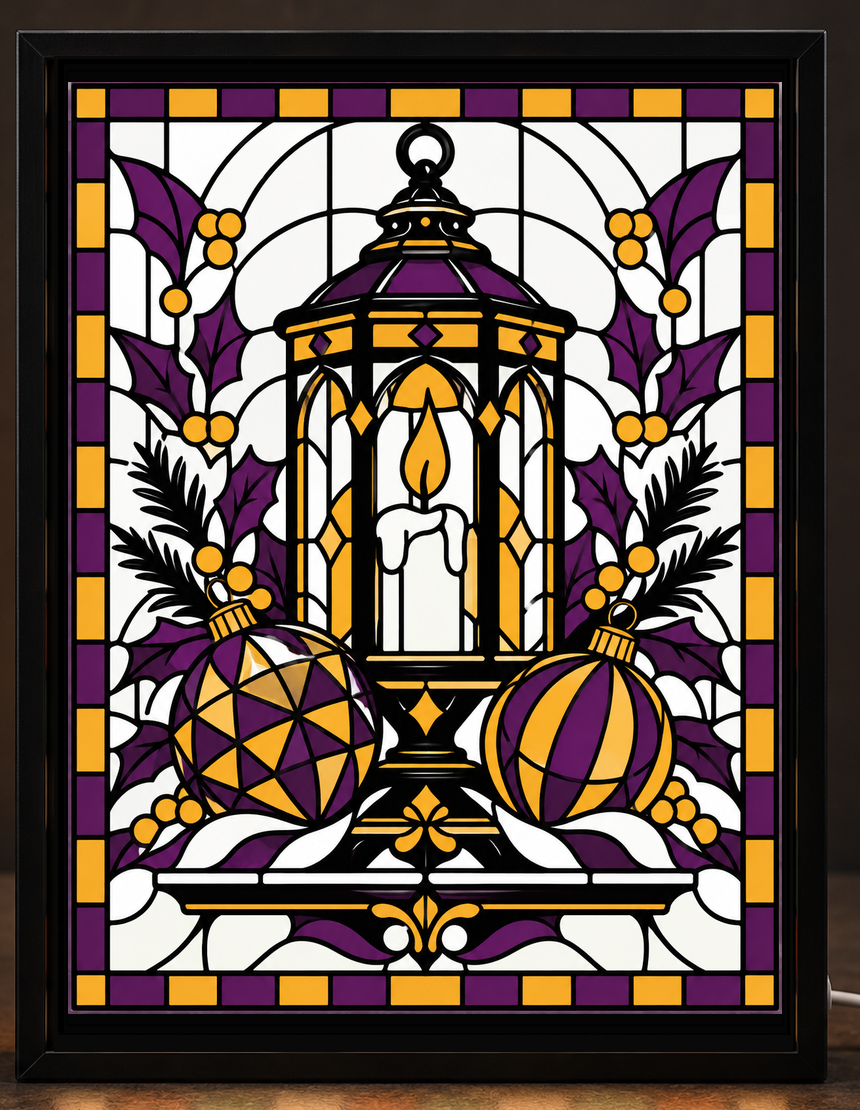 Illustrative digital mockup of exact owner-approved Christmas Candlelight Ornament Alcove original artwork in the square-cornered black CNS Customs light-up frame; physical product not photographed