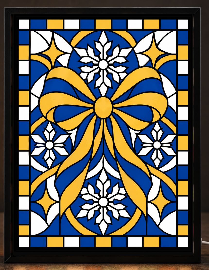 Illustrative digital mockup of exact owner-approved Christmas Ribbon + Snowflake Window original artwork in the square-cornered black CNS Customs light-up frame; physical product not photographed