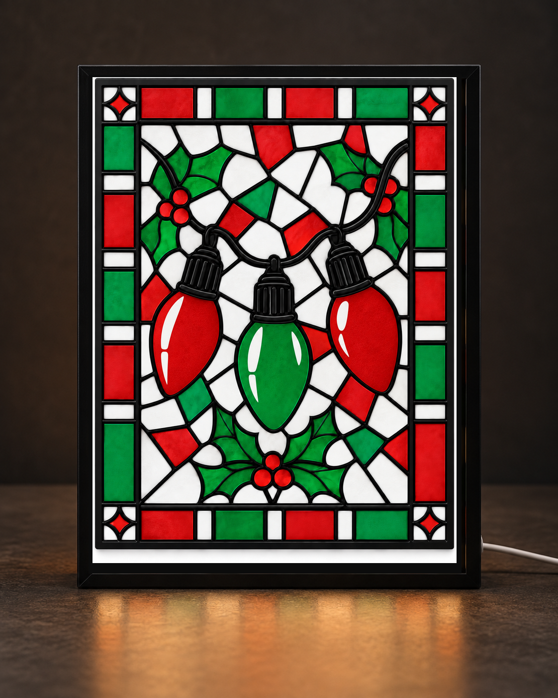Illustrative Vintage Christmas Bulb Trio light-up frame with exact approved CNS Customs digital art, not a photograph of a completed print