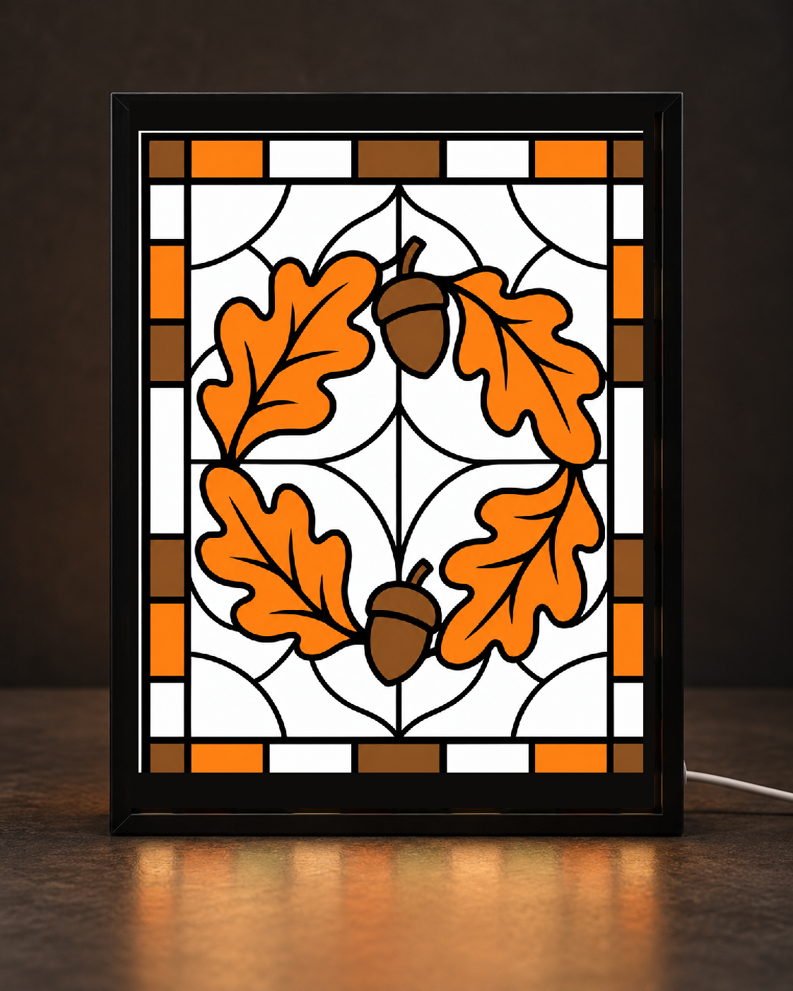 Illustrative Thanksgiving Oak Leaves & Acorns Wreath concept with exact approved CNS-SG-07-Oak-Leaves-Acorns-Wreath-v03-LOCKED-APPROVED-CONCEPT.png artwork in the standard CNS frame. Only one illustrative panel size is shown; actual 6x8 and 8x10 production unverified.