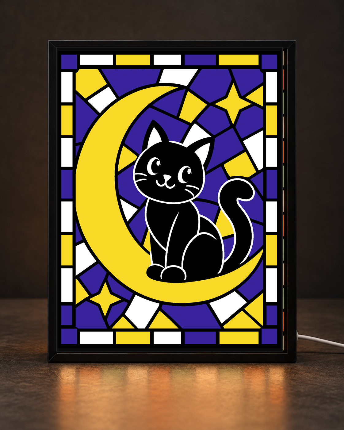 Smiling black cat sitting on bright yellow crescent moon surrounded by white and yellow stars on purple mosaic in slim black light-up frame; illustrative digital framed preview