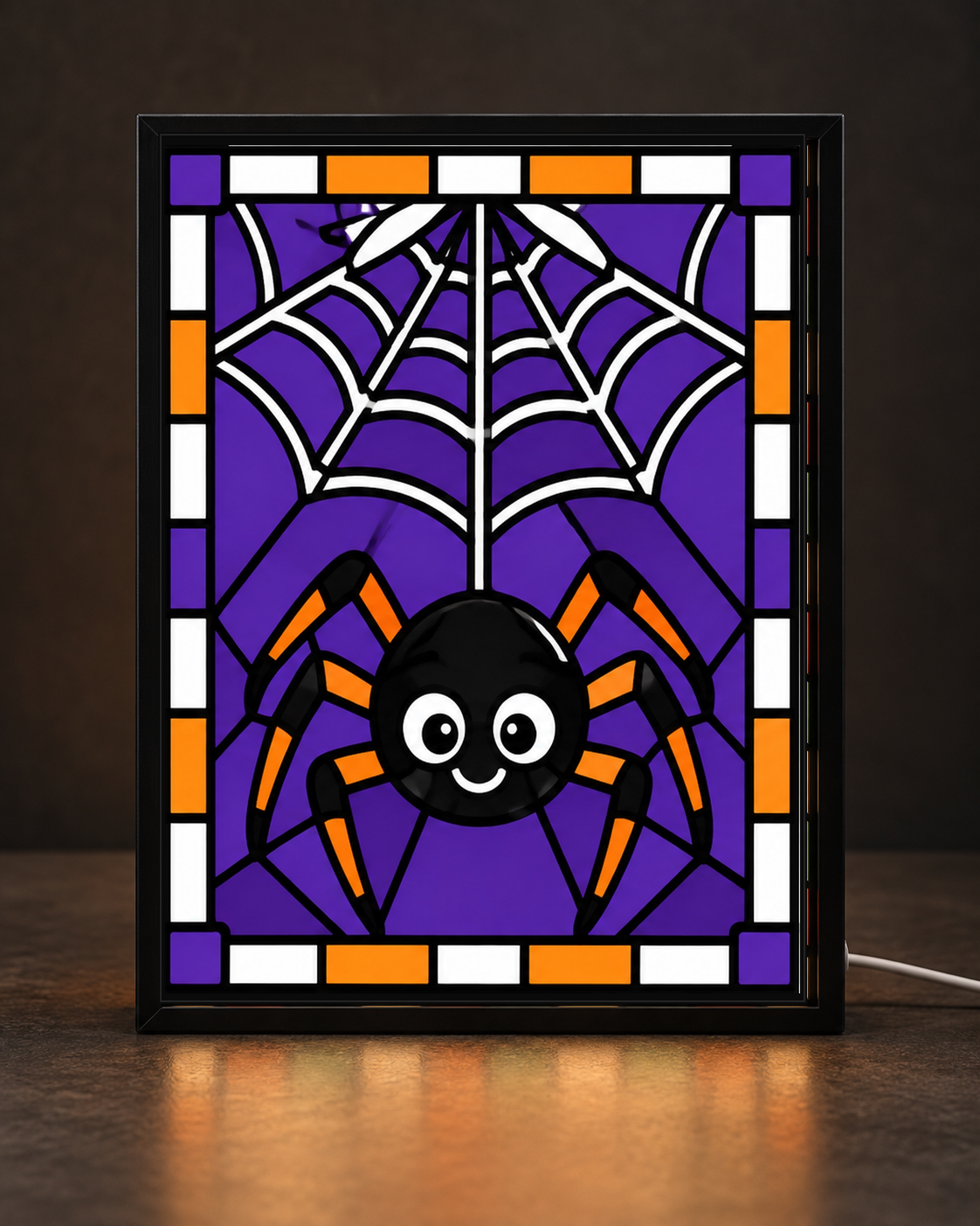 Happy round black spider with orange legs hangs below white web against purple stained-glass mosaic in matte-black illuminated frame; illustrative digital framed preview