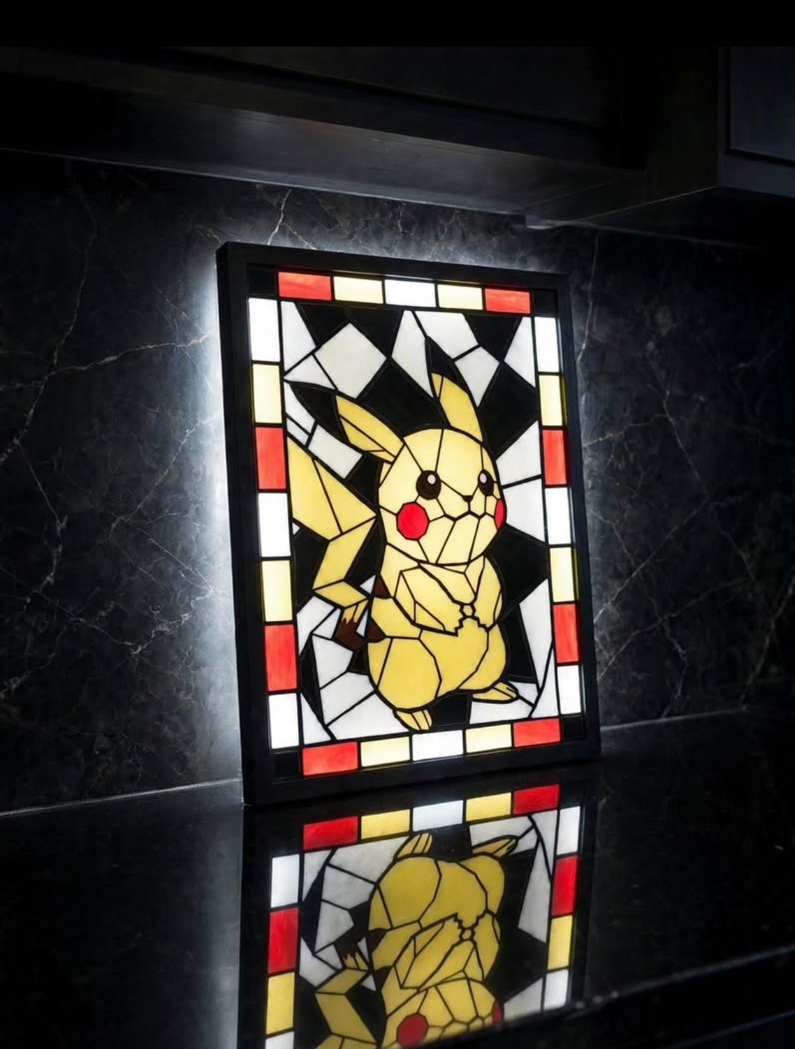 Pikachu framed stained-glass style display