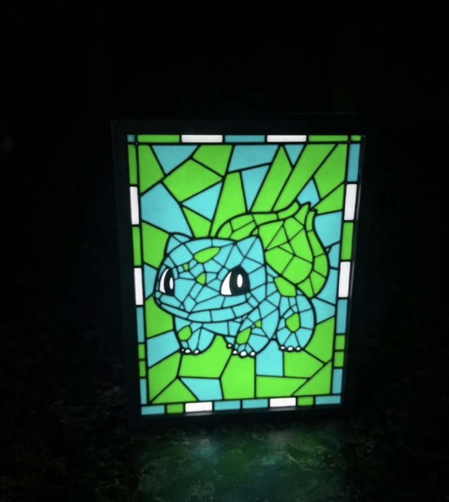 Bulbasaur framed stained-glass style display