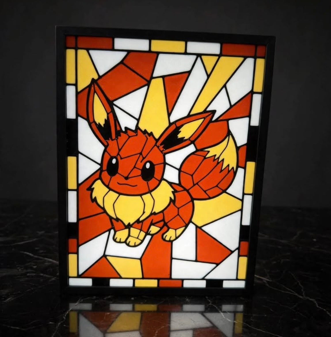 Flareon framed stained-glass style display